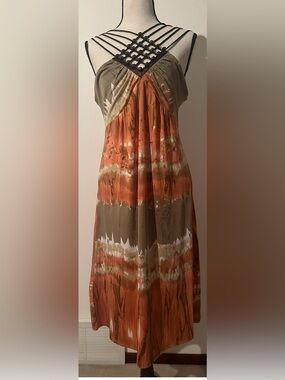 Boho Midi Dress Tie Dye Womens Medium Beaded Festival Hippie Indie Sundress